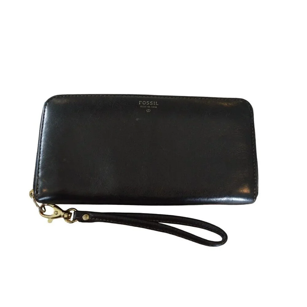 Fossil Wallet Black Leather Zip Around Accordion Wristlet Kelly Green Interior